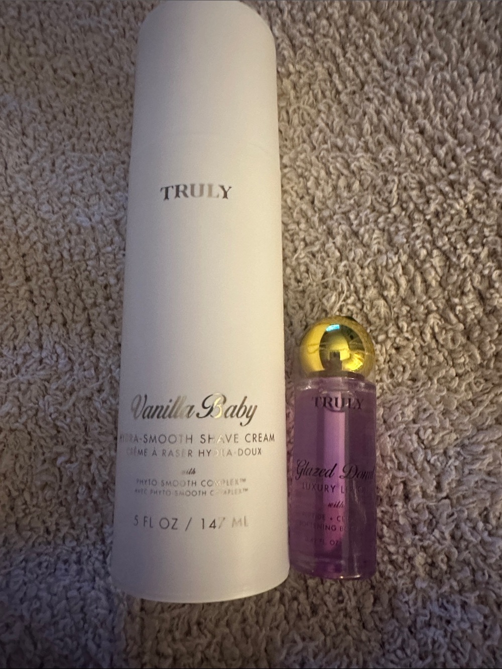 TRULY Vanilla Baby Shave Cream & Glazed Donut Luxury lip gloss. New